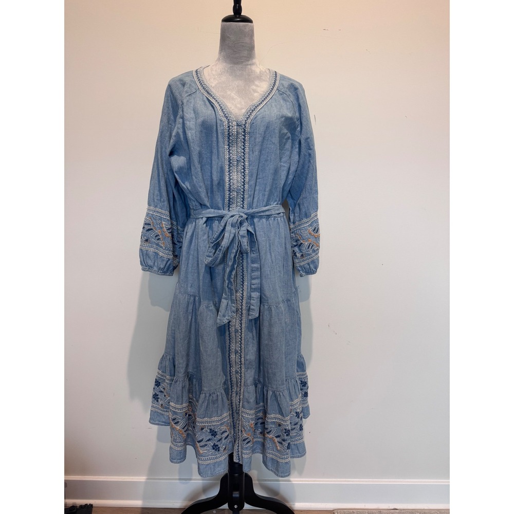 St Johns Bay Cottagecore Prairie XXL Blue Chambray Embroidered Boho Midi Dress